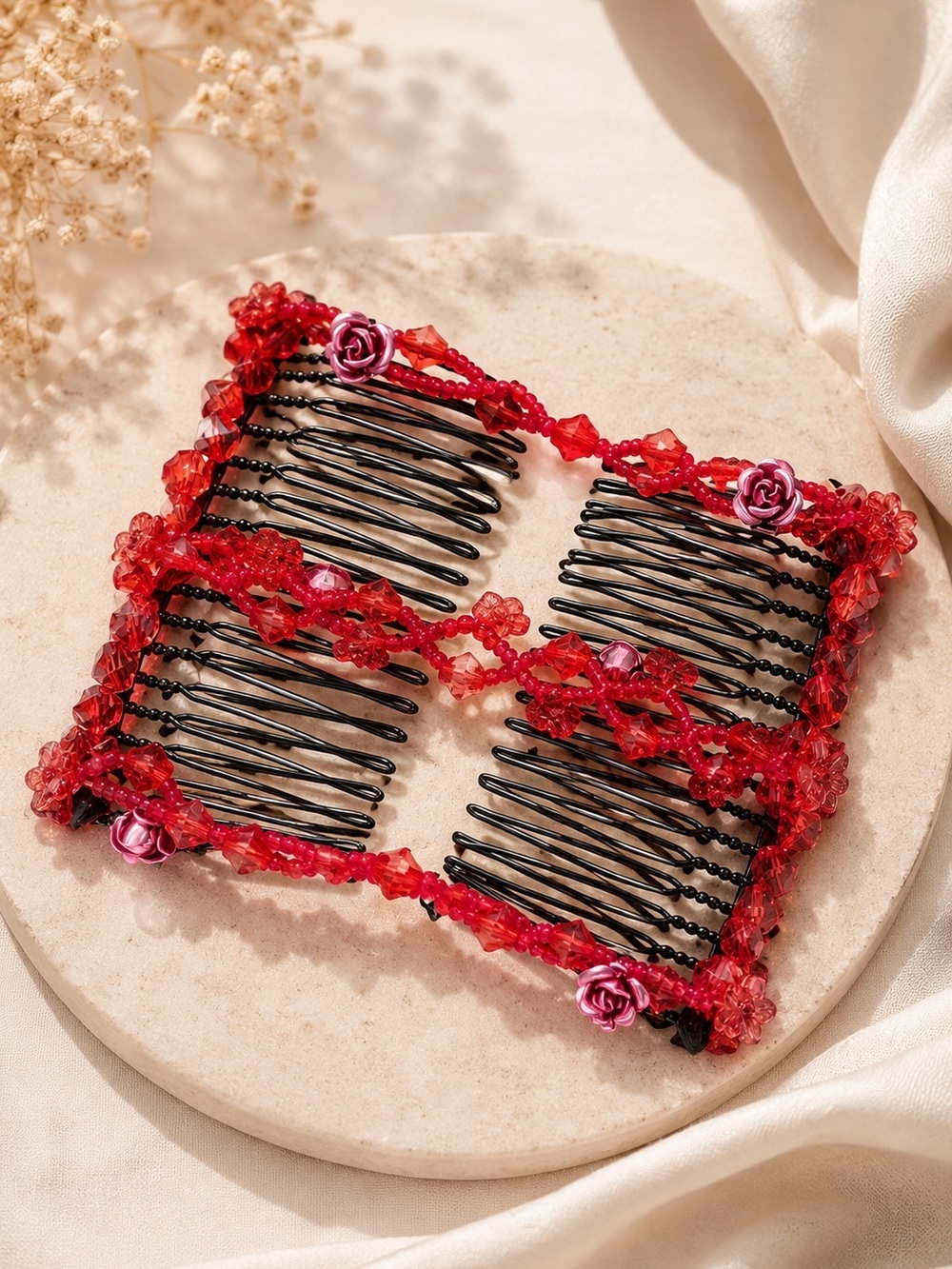 Hair Fast Red Beaded Stretch Hair Comb Crystal Rose Flexible Double Comb Updo